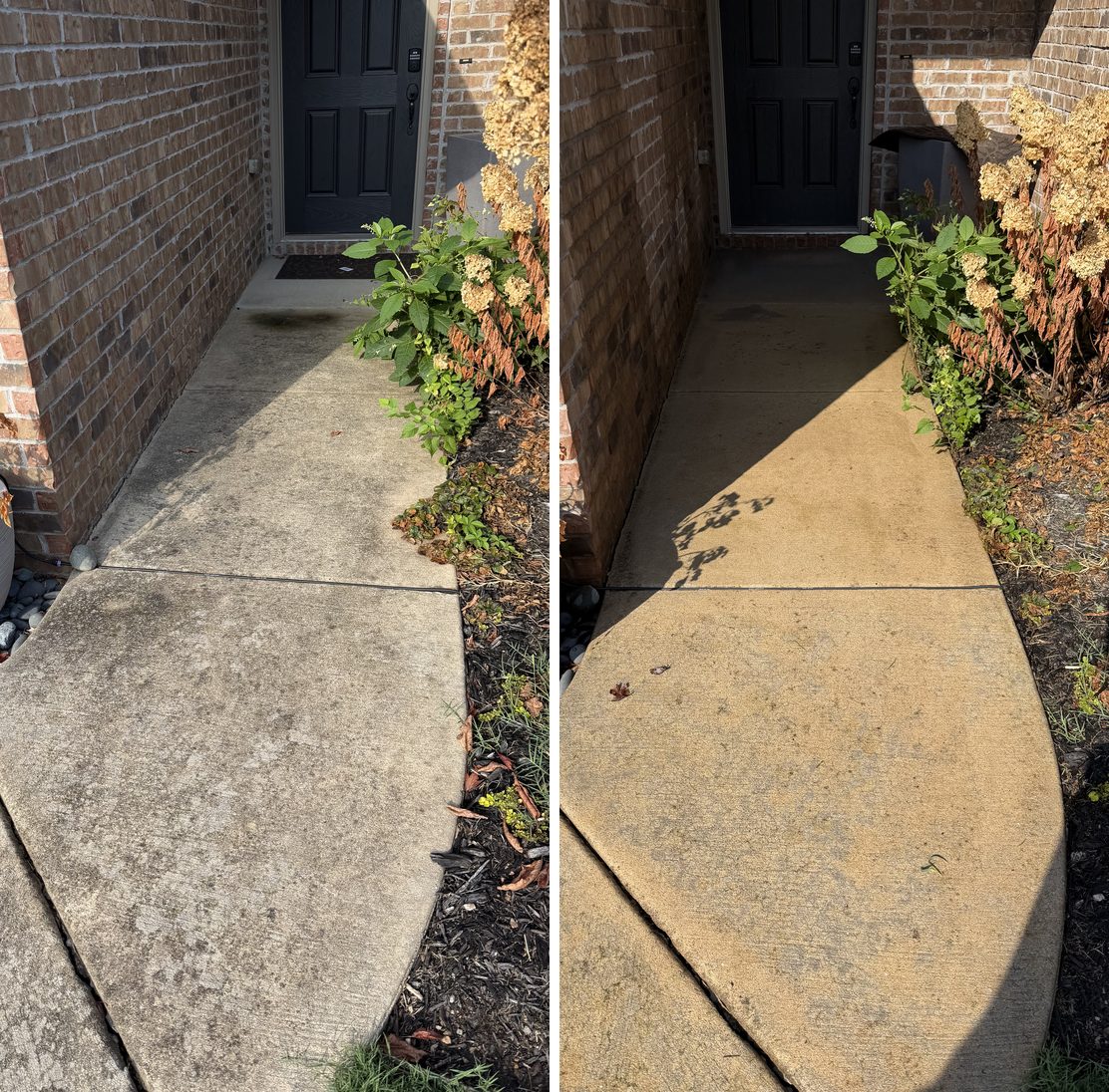 A front walkway before and after a Wash It Wash It pressure wash in Fayetteville